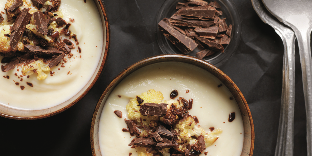 Cauliflower velouté with vadouvan-roasted cauliflower and chocolate