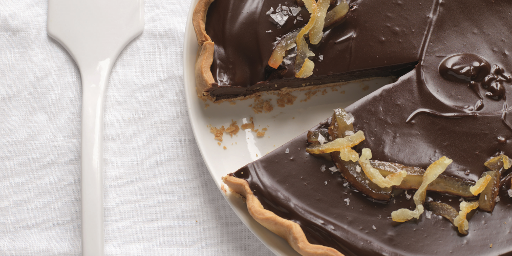 Dark chocolate tart with candied lemon and yuzu, and fleur de sel sea salt