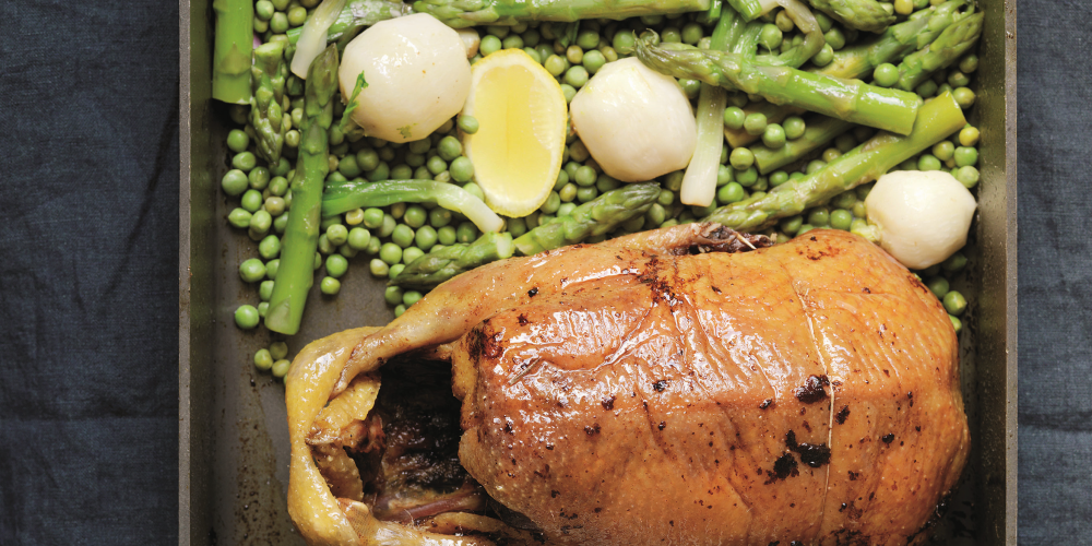 Lemon barbary duckling with spring vegetables