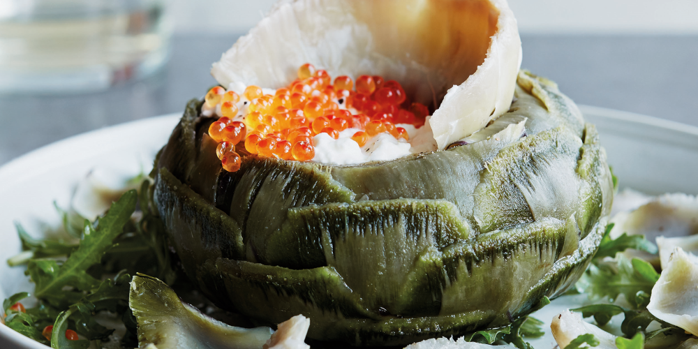 Artichokes with fromage blanc and salmon roe