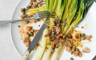 Poireaux beurre noisette with capers and toasted chunky breadcrumbs
