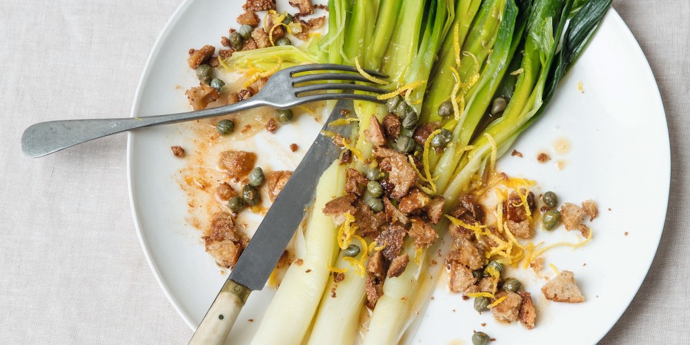 Poireaux beurre noisette with capers and toasted chunky breadcrumbs