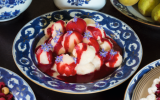 Pear sorbet with a raspberry coulis