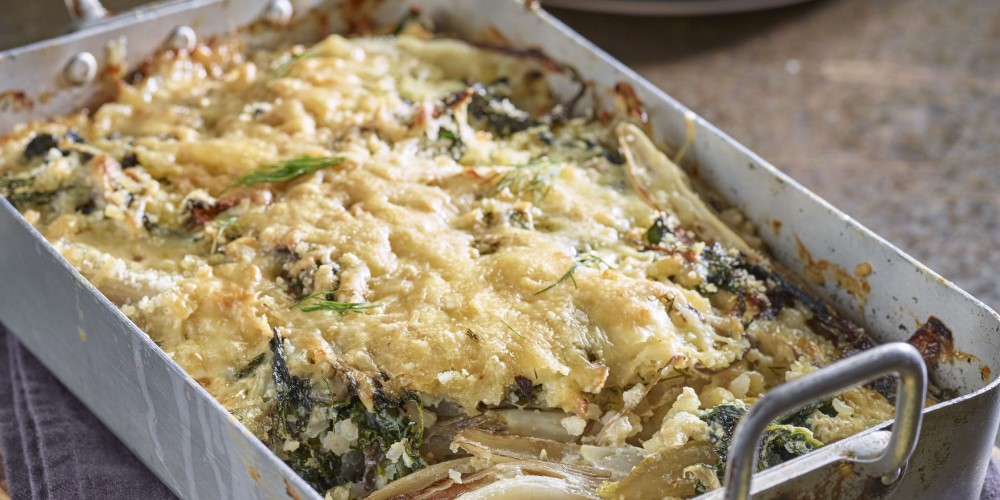 Comté, chicory, kale and rice gratin