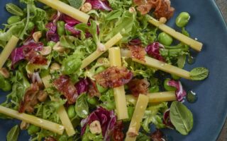 Comté, broad bean, pancetta and hazelnut salad
