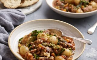 French shallot, Toulouse sausage and borlotti bean stew