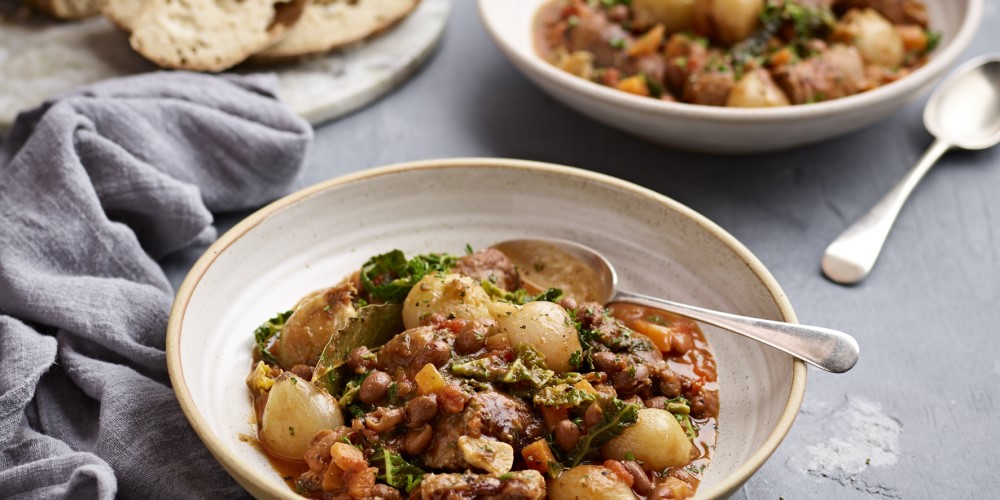 French shallot, Toulouse sausage and borlotti bean stew