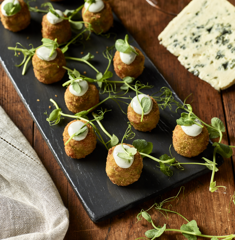 Pea and Saint Agur blue cheese croquettes