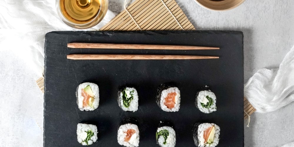 Japanese avocado-salmon maki served with Sainte-Croix-du-Mont AOC