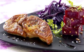 Escalope of foie gras, with pickled beetroot and toasted sesame and liquorice vinaigrette
