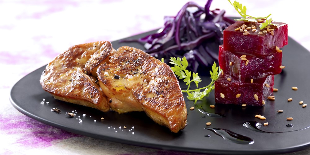 Escalope of foie gras, with pickled beetroot and toasted sesame and liquorice vinaigrette