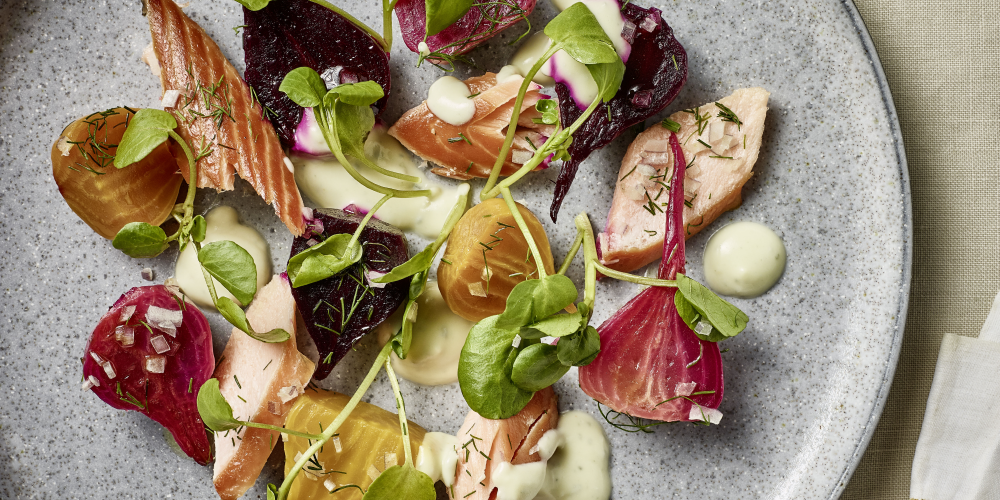 Hot-smoked salmon, beetroot salad and Saint Agur blue cheese dressing