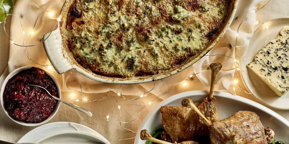 Potato, turnip and cranberry Saint Agur gratin with confit duck