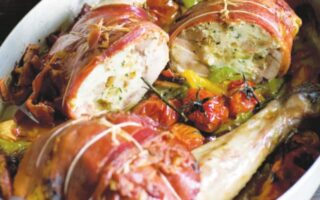 French roast chicken stuffed with fruit and nuts