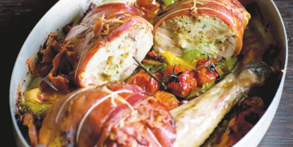 French roast chicken stuffed with fruit and nuts