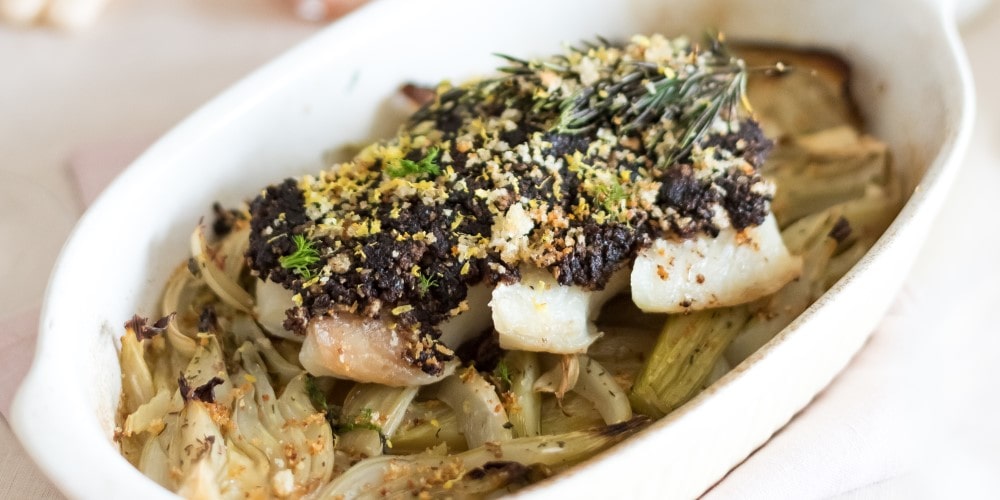Cod with tapenade crust and Mirabeau rosé braised fennel