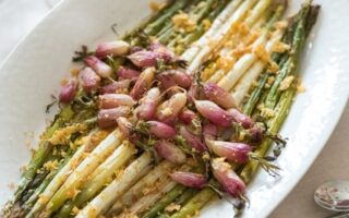 Roast radish and asparagus with lemon and cheese crumbs