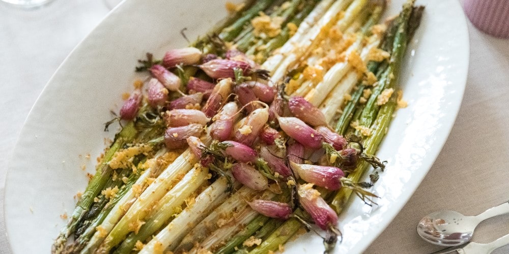 Roast radish and asparagus with lemon and cheese crumbs