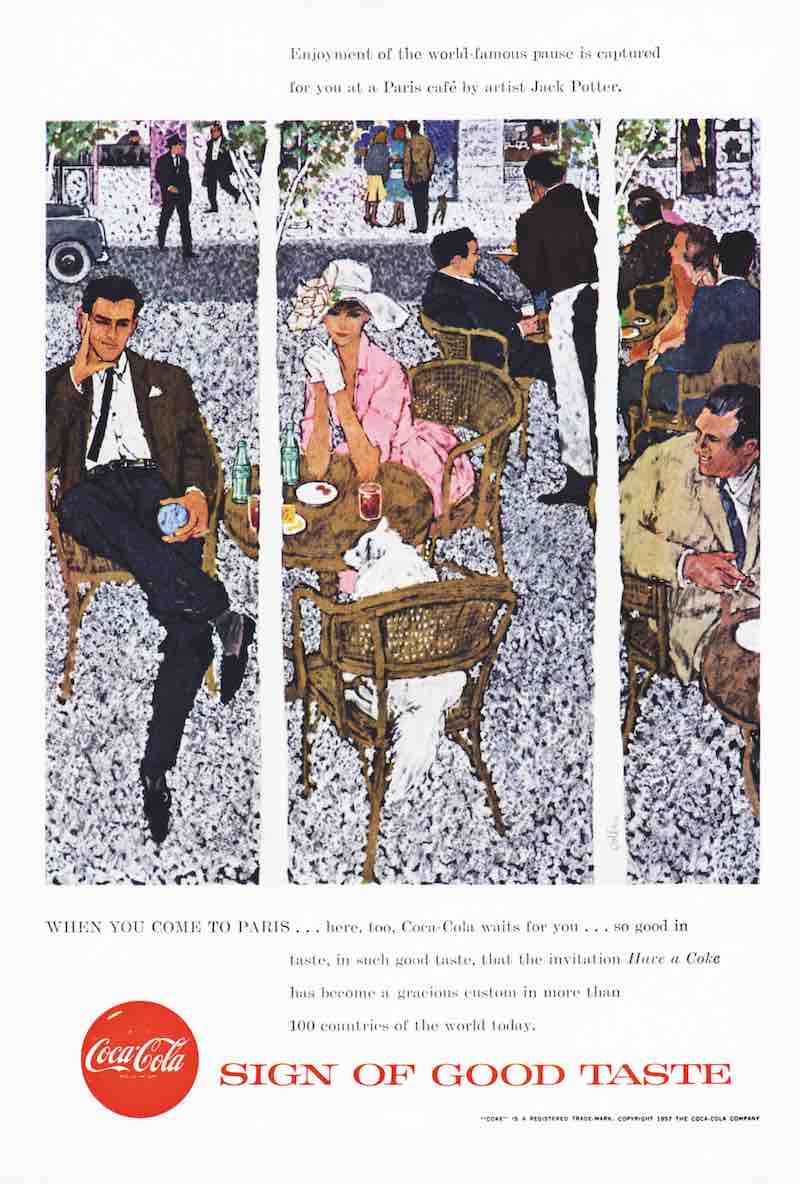 Classic Coca Cola colour advert featuring painting of Paris cafe by artist Jack Potter