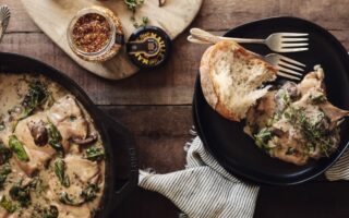Skillet chicken with creamy white wine, mushroom and spinach sauce