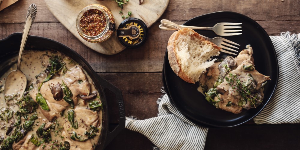 Skillet chicken with creamy white wine, mushroom and spinach sauce