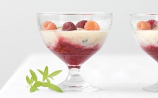 Coconut and verbena tapioca with raspberry coulis
