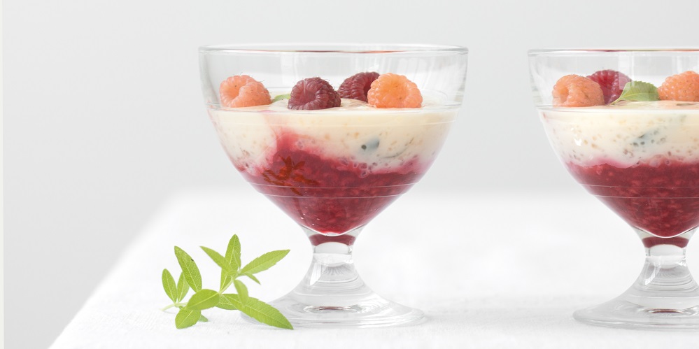 Coconut and verbena tapioca with raspberry coulis