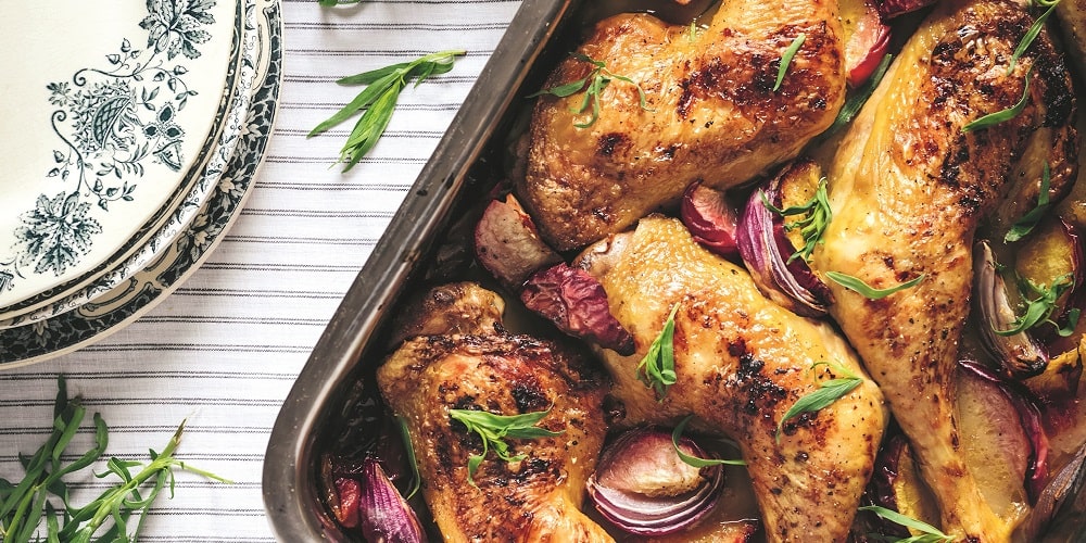 Baked chicken and peaches