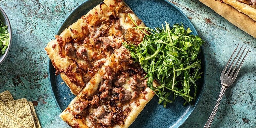 Sausage & caramelised onion tart