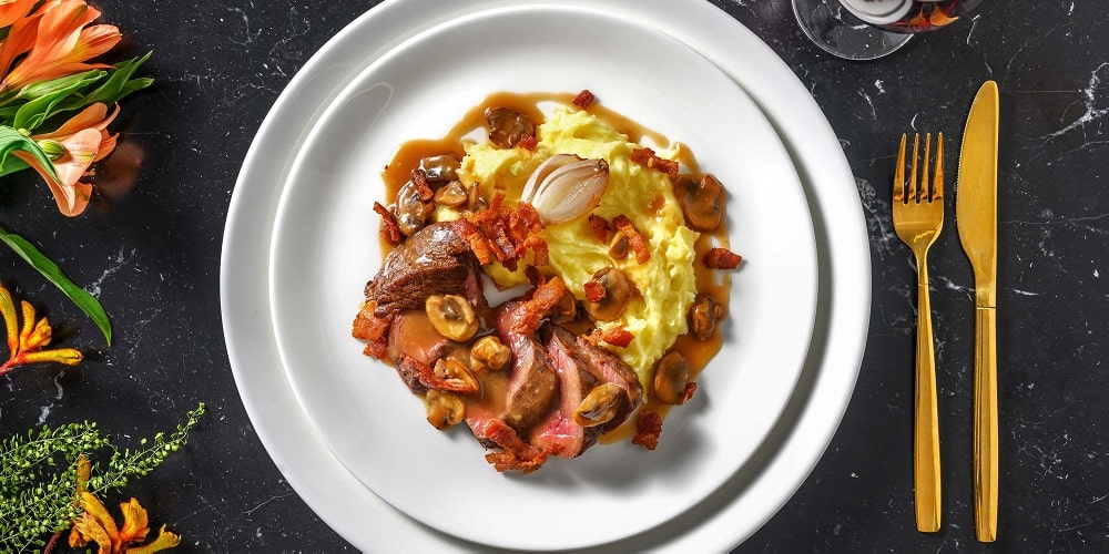 Venison bourguignon with roasted garlic mash