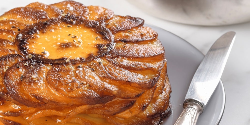 Layered sweet potato and potato cake