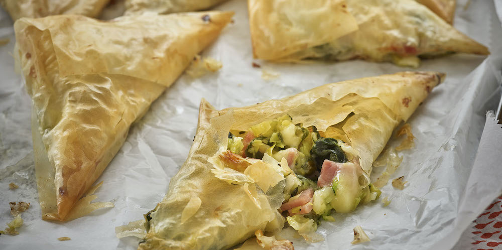 Filo parcels of Comté, courgettes, spinach & leeks