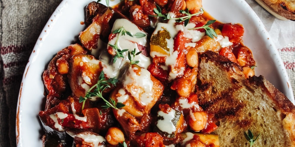 Veggie ratatouille with chickpeas and pan griddled bread