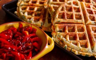 Comté & spinach waffles with glazed balsamic red peppers