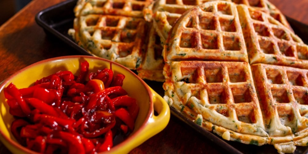 Comté & spinach waffles with glazed balsamic red peppers