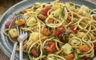 Comté, roasted butternut squash & tomato spaghetti