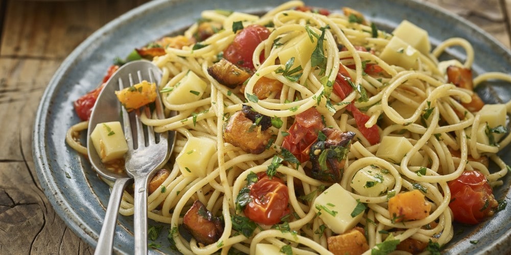 Comté, roasted butternut squash & tomato spaghetti