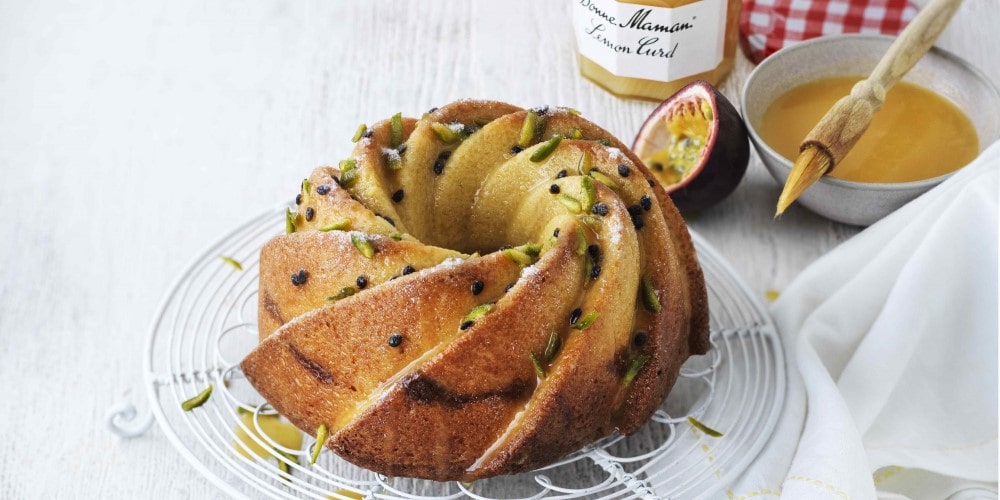 Lemon and passion fruit drizzle cake