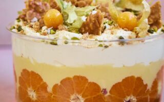 Clementine and cardamom christmas trifle with amaretto and pistachio