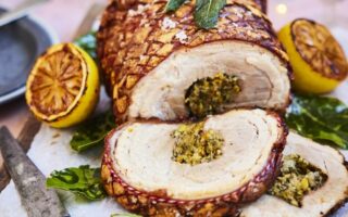 Rolled porchetta with pistachios, fennel and lemon