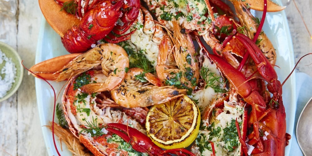 BBQ prawns, lobster and crayfish with herb butter and sriracha mayonnaise
