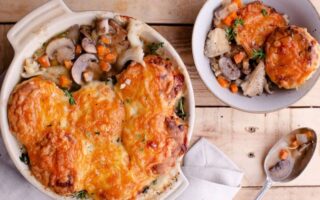 Mushroom “Bourguignon” with cheddar and maple scone topping