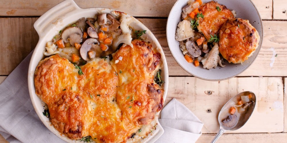 Mushroom “Bourguignon” with cheddar and maple scone topping