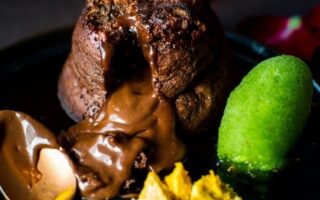 Dark chocolate fondant with watercress sorbet and honeycomb