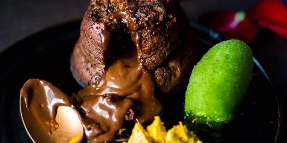 Dark chocolate fondant with watercress sorbet and honeycomb