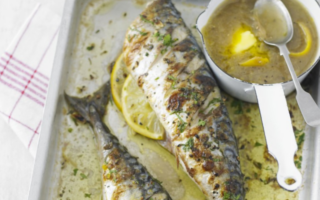 Grilled mackerel with rhubarb sauce