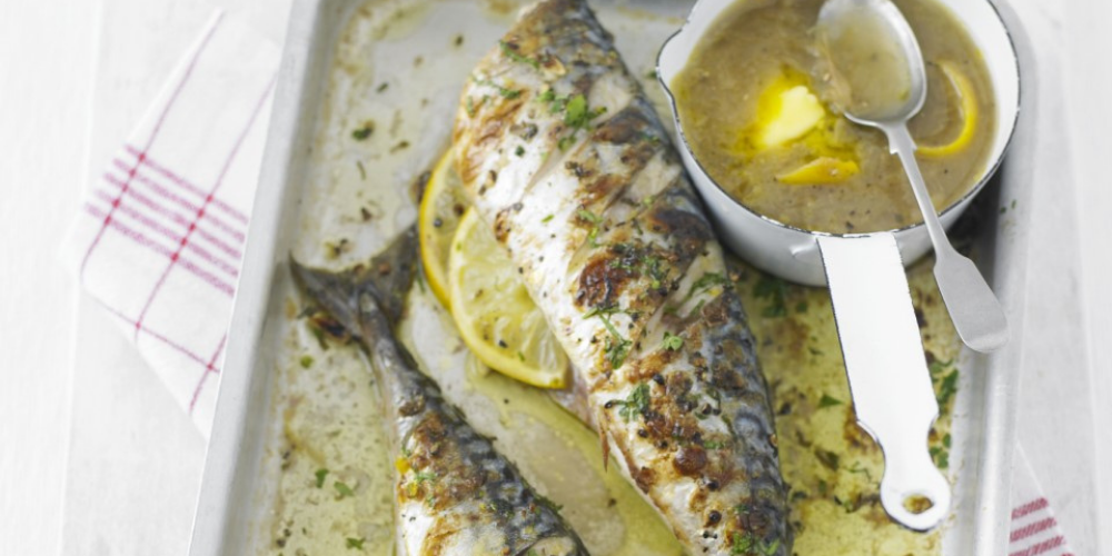 Grilled mackerel with rhubarb sauce