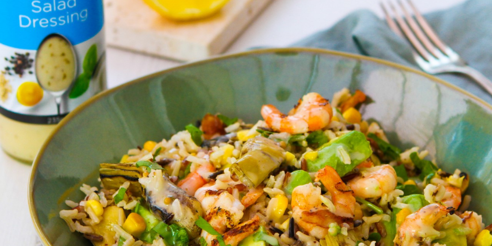 Creamy Prawn, Avocado & Artichoke Rice with Mary Berry’s Classic Salad Dressing