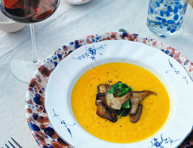 Red Kuri squash, carrot, and ginger soup with shiitake mushrooms