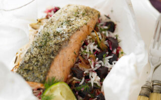 Steamed salmon with spiced beetroot and dill